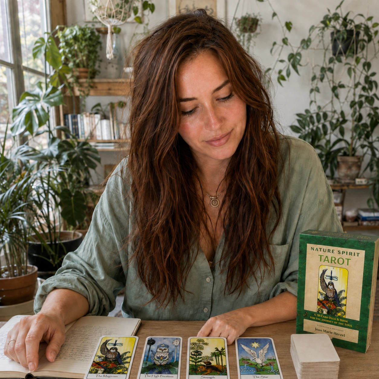 Nature Spirit Tarot with Aurica from Tarotfans.com Aurica from TarotFans reading Nature Spirit Tarot beside the exact deck box, four face-up cards, and the stacked deck